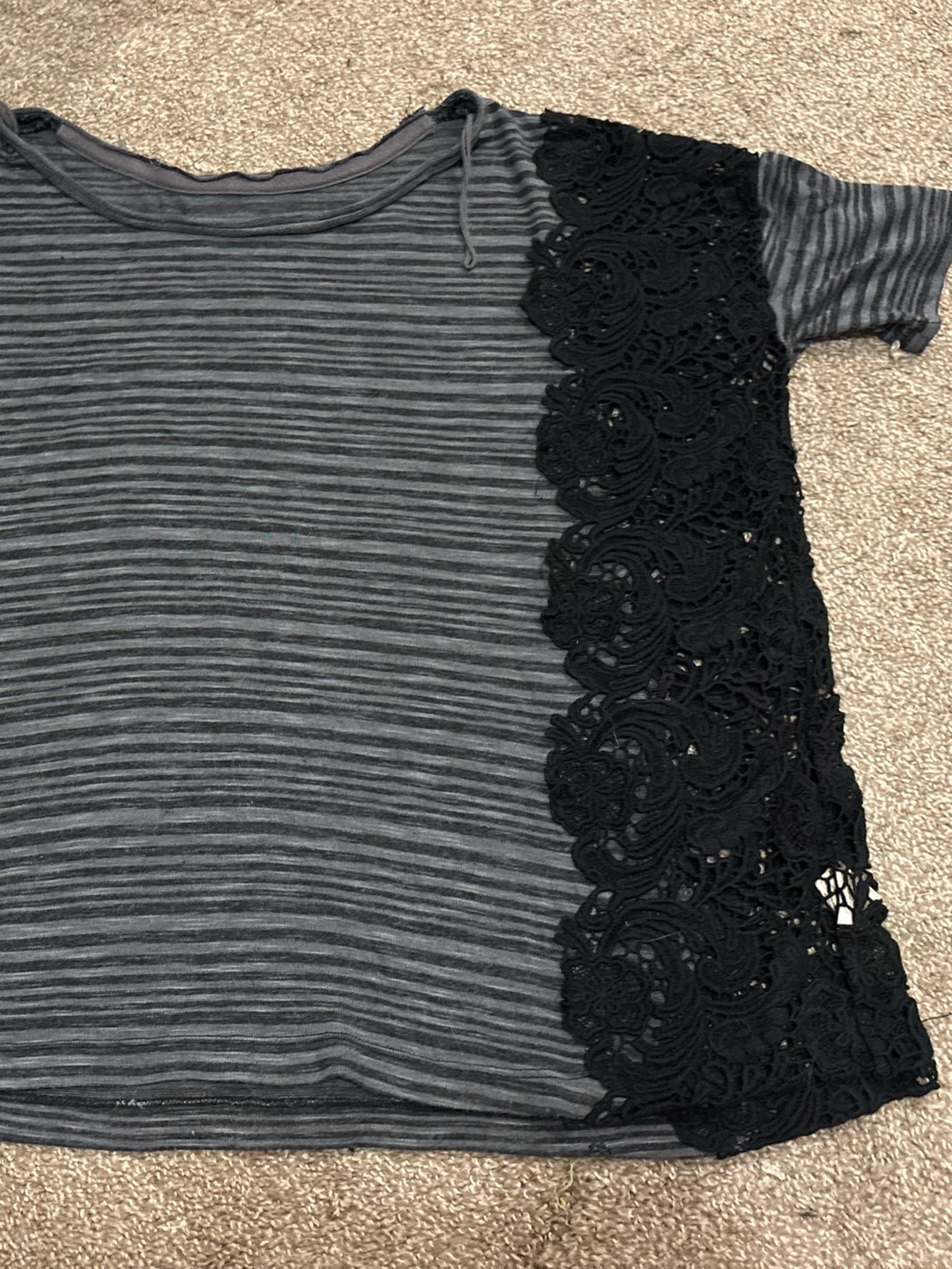 Free People We The Free Gray Striped Tee with Black Lace Panels